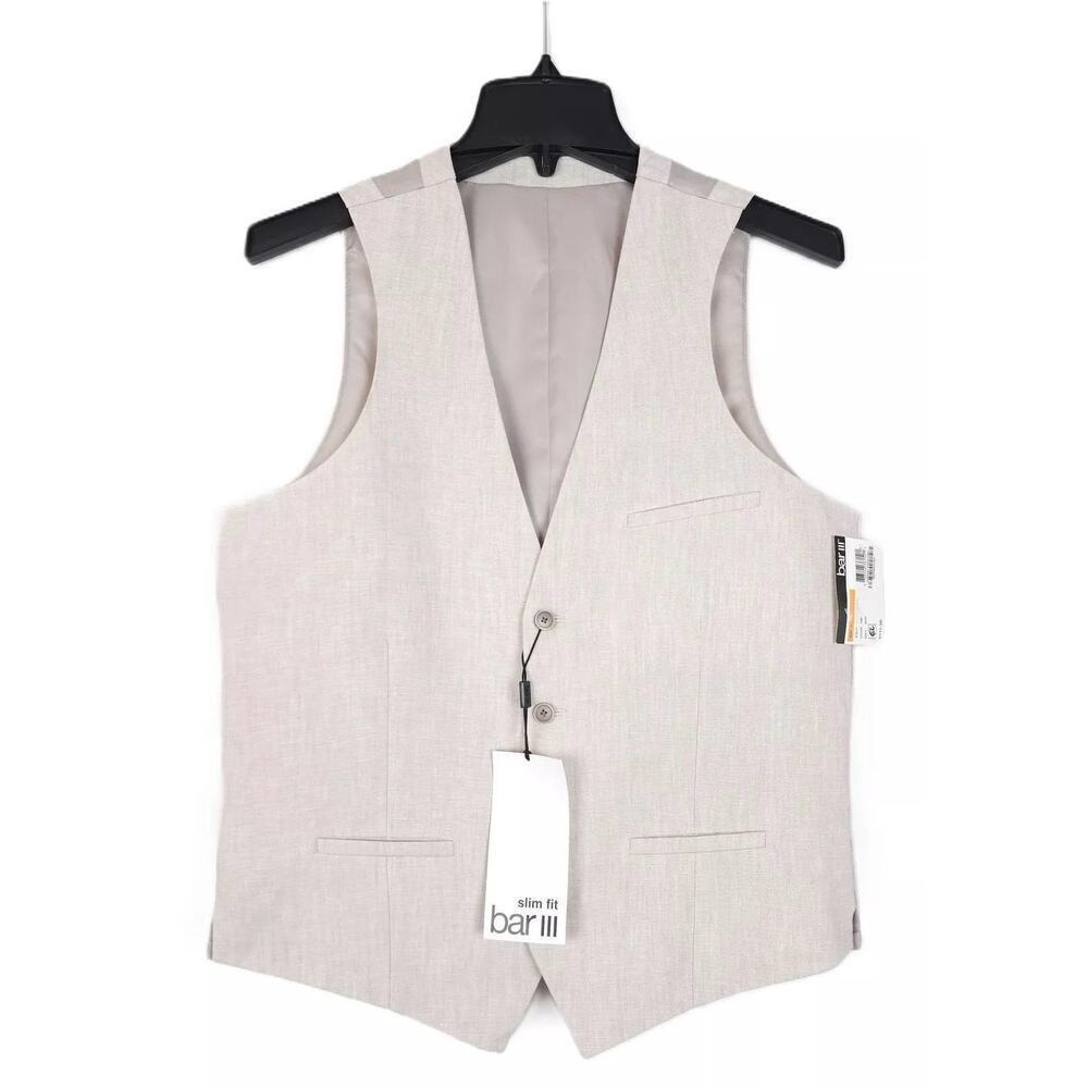 Bar III Mens Slim Fit Linen Suit Vest Sz XL Light Tan Solid NWT